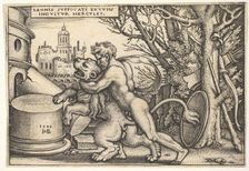 Hercules, in profile, killing the Nemean lion with his arm around its neck, from The labo..., 1548. Creator: Sebald Beham