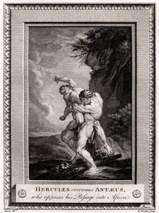 Hercules overcomes Antaeus, who opposes his Passage into Africa 1775. Artist: W Walker