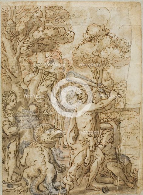 Hercules Slaying the Serpent Ladon in the Garden of the Hesperides, n.d. Creator: Andrea Lilio.