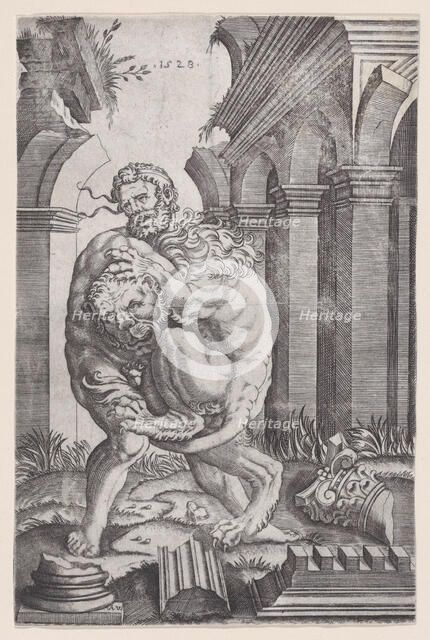 Hercules Strangling the Nemean Lion, dated 1528. Creator: Agostino Veneziano.