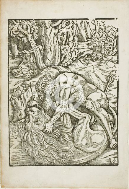 Hercules Strangling the Nemean Lion, from the Labors of Hercules, c. 1528. Creator: Gabriel Salmon.