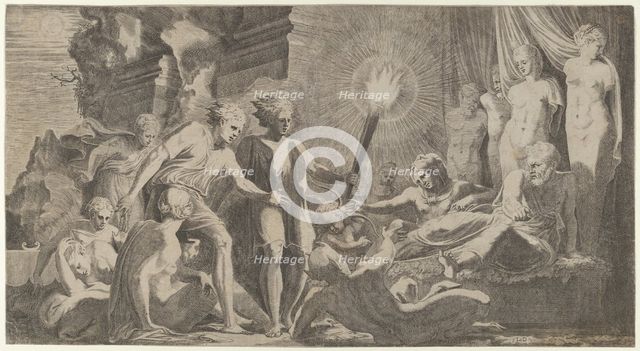 Hercules surprising Fanus who mistook him for Omphale, 1540-56 Creator: Leon Davent.