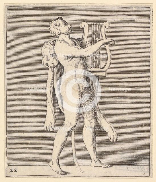 Hercules playing a lyre, a lionskin draped over his shoulder, published ca. 1599-1622. Creator: Unknown.