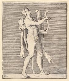 Hercules playing a lyre, a lionskin draped over his shoulder, published ca. 1599-1622. Creator: Unknown