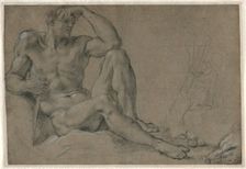 Hercules Resting (recto); Footed Vessel with Handle (verso), 1595-1597. Creator: Annibale Carracci (Italian, c. 1560-1609)