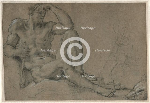Hercules Resting (recto); Footed Vessel with Handle (verso), 1595-1597. Creator: Annibale Carracci (Italian, c. 1560-1609).