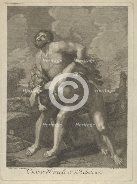 Hercules wearing a lion skin and fighting Achelous, a landscape in the background, ..., ca. 1713-72. Creator: Robert Hecquet.
