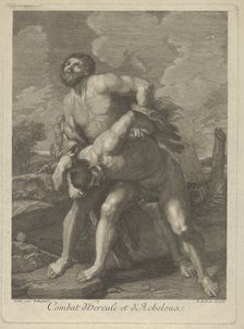 Hercules wearing a lion skin and fighting Achelous, a landscape in the background, ..., ca. 1713-72. Creator: Robert Hecquet