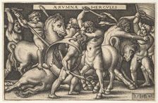 Hercules with his club in center fighting a centaur, other men fighting centaurs to left a..., 1542. Creator: Sebald Beham