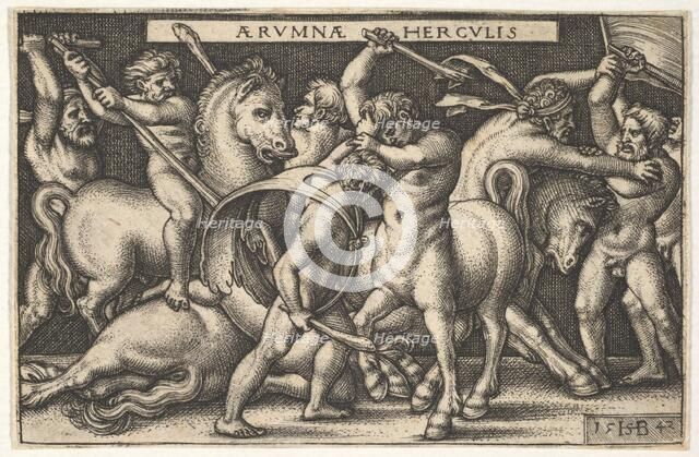 Hercules with his club in center fighting a centaur, other men fighting centaurs to left a..., 1542. Creator: Sebald Beham.