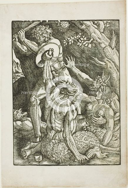 Hercules, Two Satyrs, and a Woman, plate two from The Labors of Hercules, c. 1528. Creator: Gabriel Salmon.