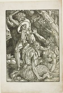 Hercules, Two Satyrs, and a Woman, plate two from The Labors of Hercules, c. 1528. Creator: Gabriel Salmon
