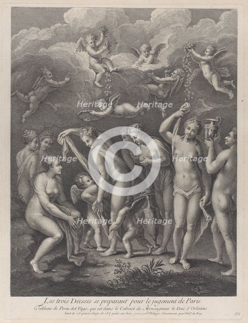 Hera, Aphrodite, and Athena preparing themselves for the contest of beauty before P..., ca. 1729-40. Creator: Philippe Simonneau.