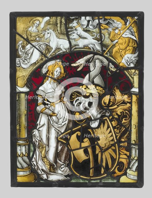 Heraldic Panel with Arms of Lichtenfels and a Unicorn Hunt, c. 1515. Creator: Unknown.