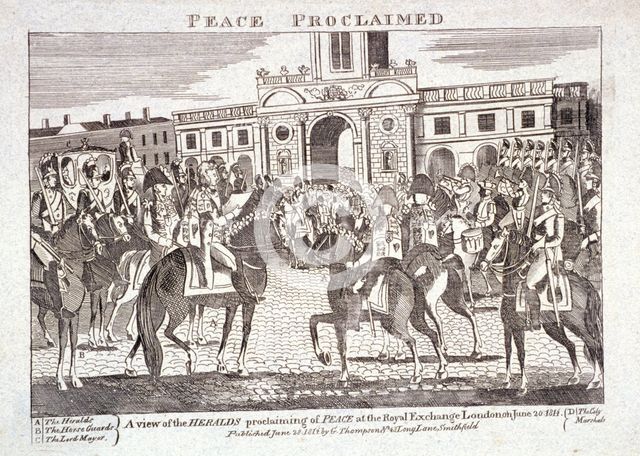 Heralds reading proclamation of peace,  Royal Exchange, London, June 28th 1814. Artist: Anon