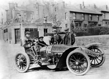 Herbert Austin behind the wheel of a Wolseley, Gordon Bennett Cup eliminating trials, 1904. Creator: Unknown