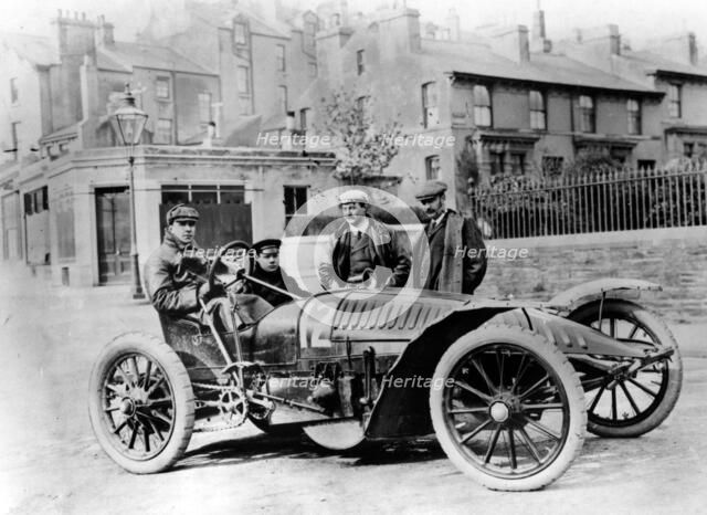 Herbert Austin behind the wheel of a Wolseley, Gordon Bennett Cup eliminating trials, 1904. Creator: Unknown.