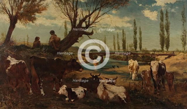 Herd of cows by the water, 1872. Creator: Carl Rudolf Huber.