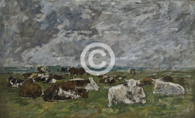 Herd of cows under a stormy sky, 1883-1888. Creator: Eugene Louis Boudin.