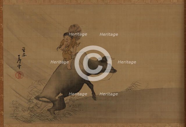Herdboy on a water-buffalo in a rainstorm, Edo period, late 18th century. Creator: Nagasawa Rosetsu.