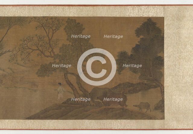 Herdboys and water buffaloes crossing a stream, 16th-17th century. Creator: Unknown.