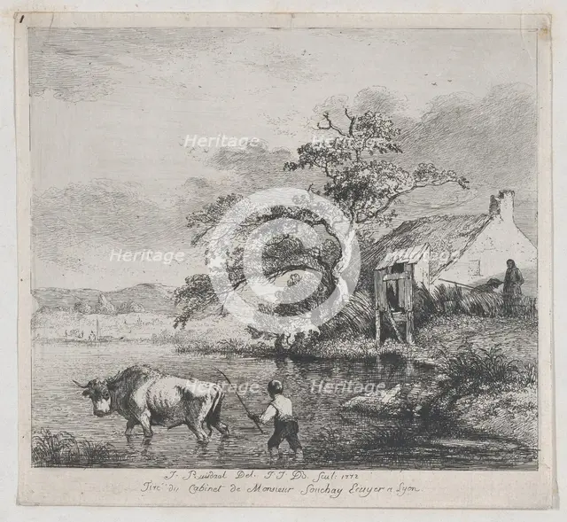 Herdsman and Bull, after Ruisdael, 1772. Creator: Jean-Jacques de Boissieu.