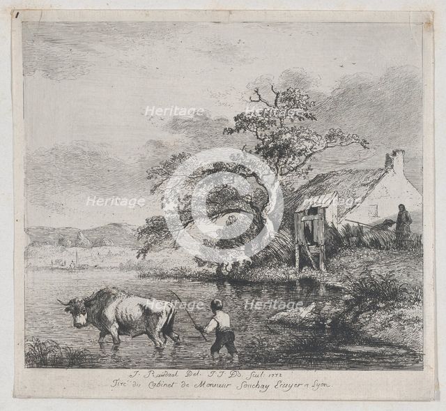 Herdsman and Bull, after Ruisdael, 1772. Creator: Jean-Jacques de Boissieu.