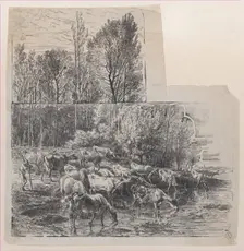 Herdsman and Cattle at Ford, ca. 1850. Creator: Charles Emile Jacque