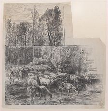Herdsman and Cattle at Ford, ca. 1850. Creator: Charles Emile Jacque