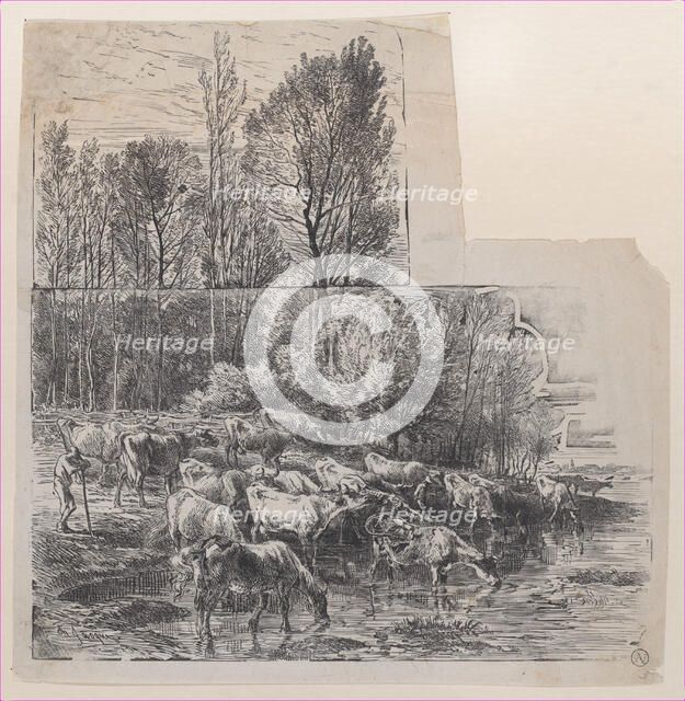Herdsman and Cattle at Ford, ca. 1850. Creator: Charles Emile Jacque.
