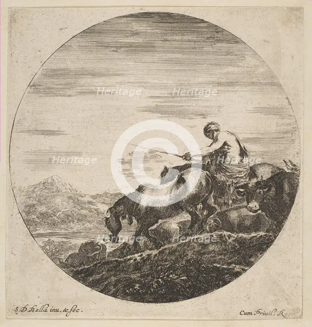 Herdsman on horseback drives animals, from 'Six animal subjects' (Six sujets d'animaux), ca. 1646. Creator: Stefano della Bella.