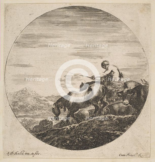 Herdsman on horseback drives animals, from 'Six animal subjects' (Six sujets d'animaux), ca. 1646. Creator: Stefano della Bella.