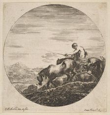 Herdsman on horseback drives animals, from Six animal subjects (Six sujets d'animaux), ca. 1646. Creator: Stefano della Bella