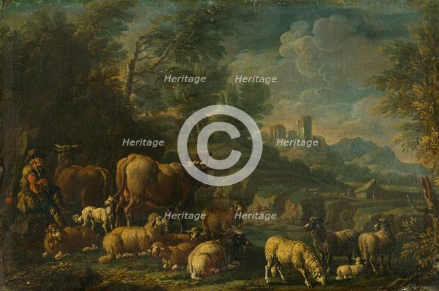 Herdsman with his Herd in Romantic Landscape, last 3rd 18th century. Creator: Unknown.
