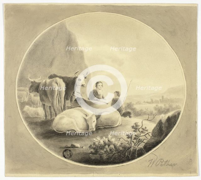 Herdsmen, Cows and Sheep in Landscape, n.d. Creator: William Pether.