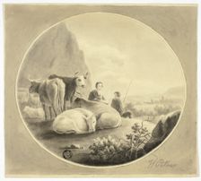 Herdsmen, Cows and Sheep in Landscape, n.d. Creator: William Pether