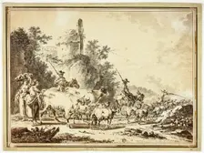 Herdsmen, Cattle and Sheep Passing Two Maidens, with Ruined Castle on Hill Above, n.d. Creator: Unknown