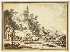 Herdsmen, Cattle and Sheep Passing Two Maidens, with Ruined Castle on Hill Above, n.d. Creator: Unknown