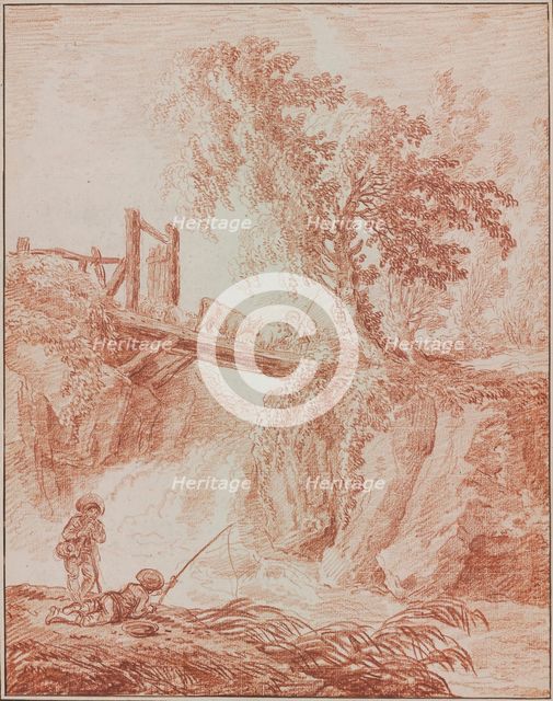 Herdsmen Crossing a Waterfall, 1770/1775. Creator: Hubert Robert.