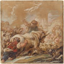 Herdsmen Driving Cattle across a Stream, c. 1760. Creator: Jean-Baptiste Deshays