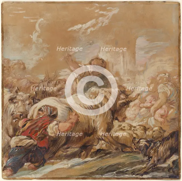 Herdsmen Driving Cattle across a Stream, c. 1760. Creator: Jean-Baptiste Deshays.