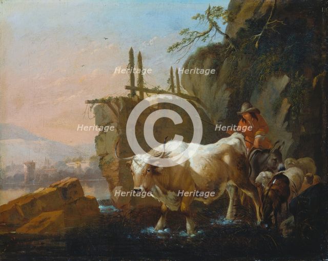 Herdsmen Driving Cattle through a Ford, 1670. Creator: Johann Heinrich Roos.