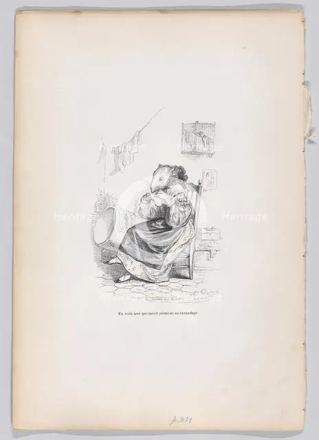 Here is one who mends by nicely biting from Scenes from the Private and Public Life..., ca. 1837-47.