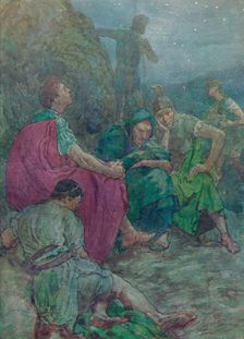 Here, sheltered by steep cliffs, he sat down to rest c1912 (1912)