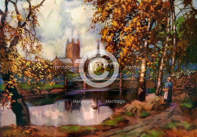 Hereford Cathedral, from the river walk, Herefordshire, 1924-1926.Artist: Louis Burleigh Bruhl