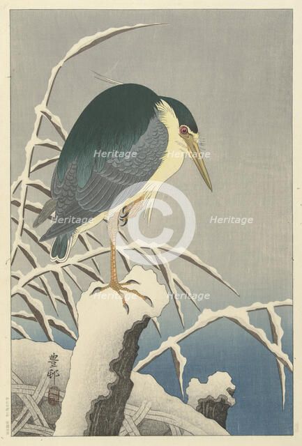 Heron in snow, 1920-1930. Creator: Ohara, Koson (1877-1945).