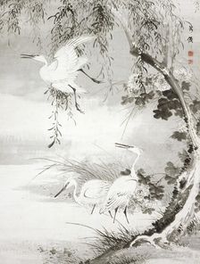 Herons and Willow, 19th century. Creator: Oda Kaisen