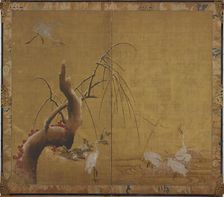 Herons and Old WIllow, Edo period, early 17th century. Creator: Kano Sadanobu