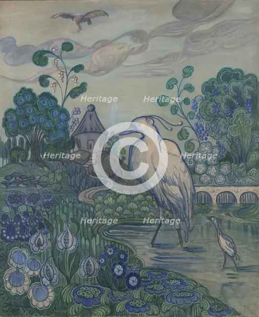 Herons in a Lush Landscape, 1917. Creator: Andreas Schneider.