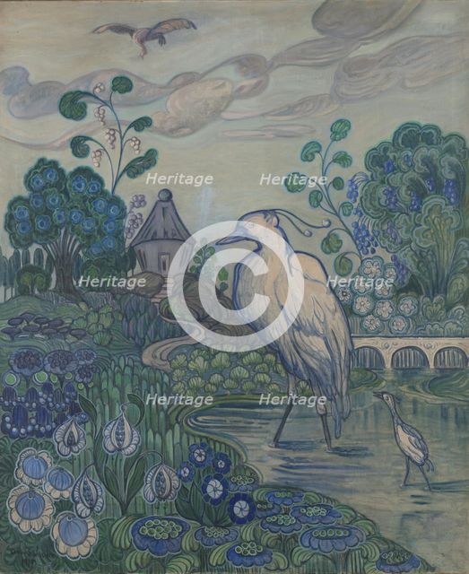 Herons in a Lush Landscape, 1917. Creator: Andreas Schneider.